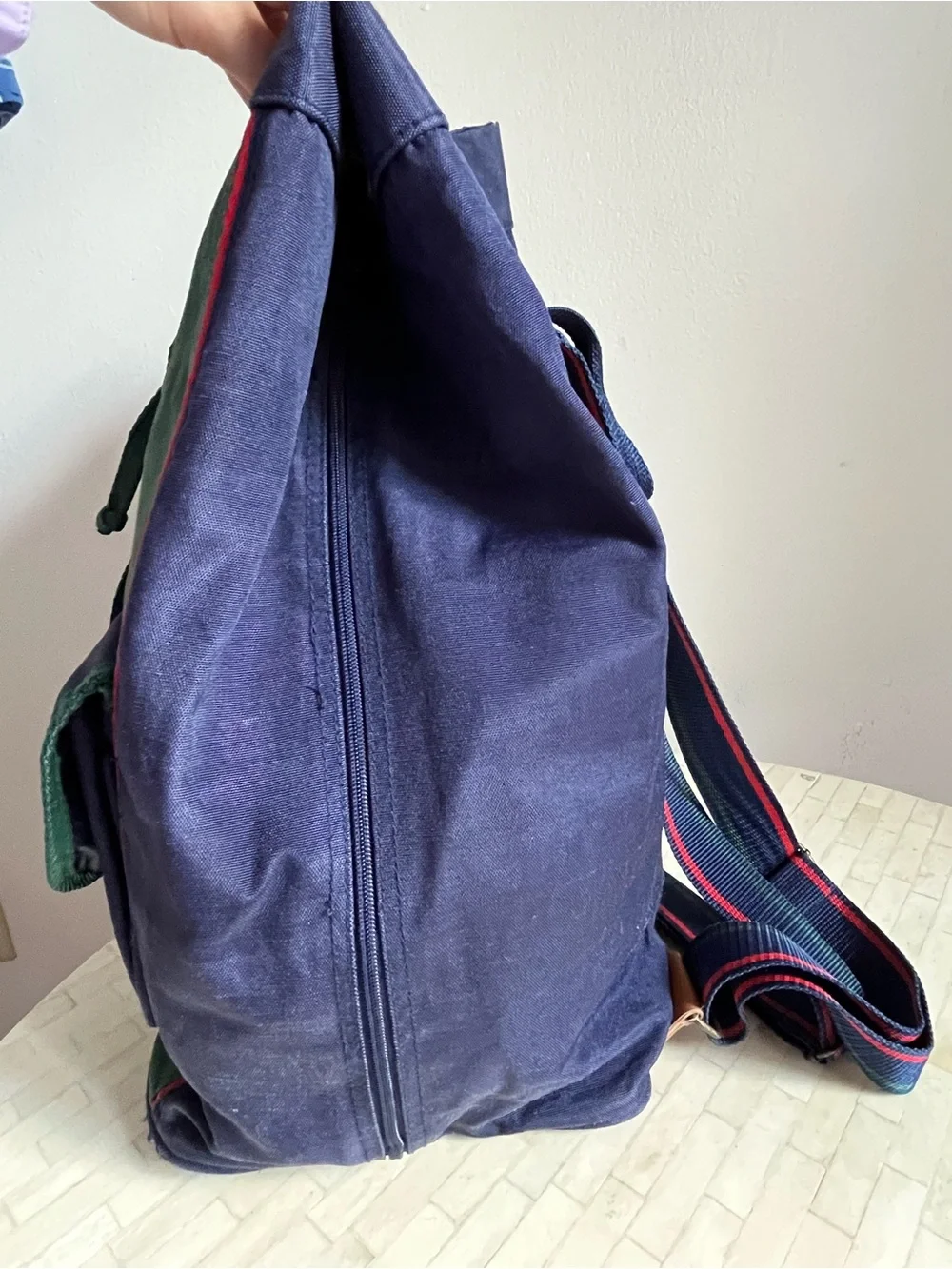 Alexander Julian Canvas Bucket Top Drawstring Backpack Green Blue Colorblock